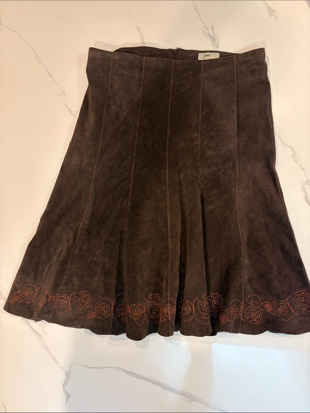 JUNE Anthropologie suede LEATHER SKIRT embroidered, ruffle brown 6